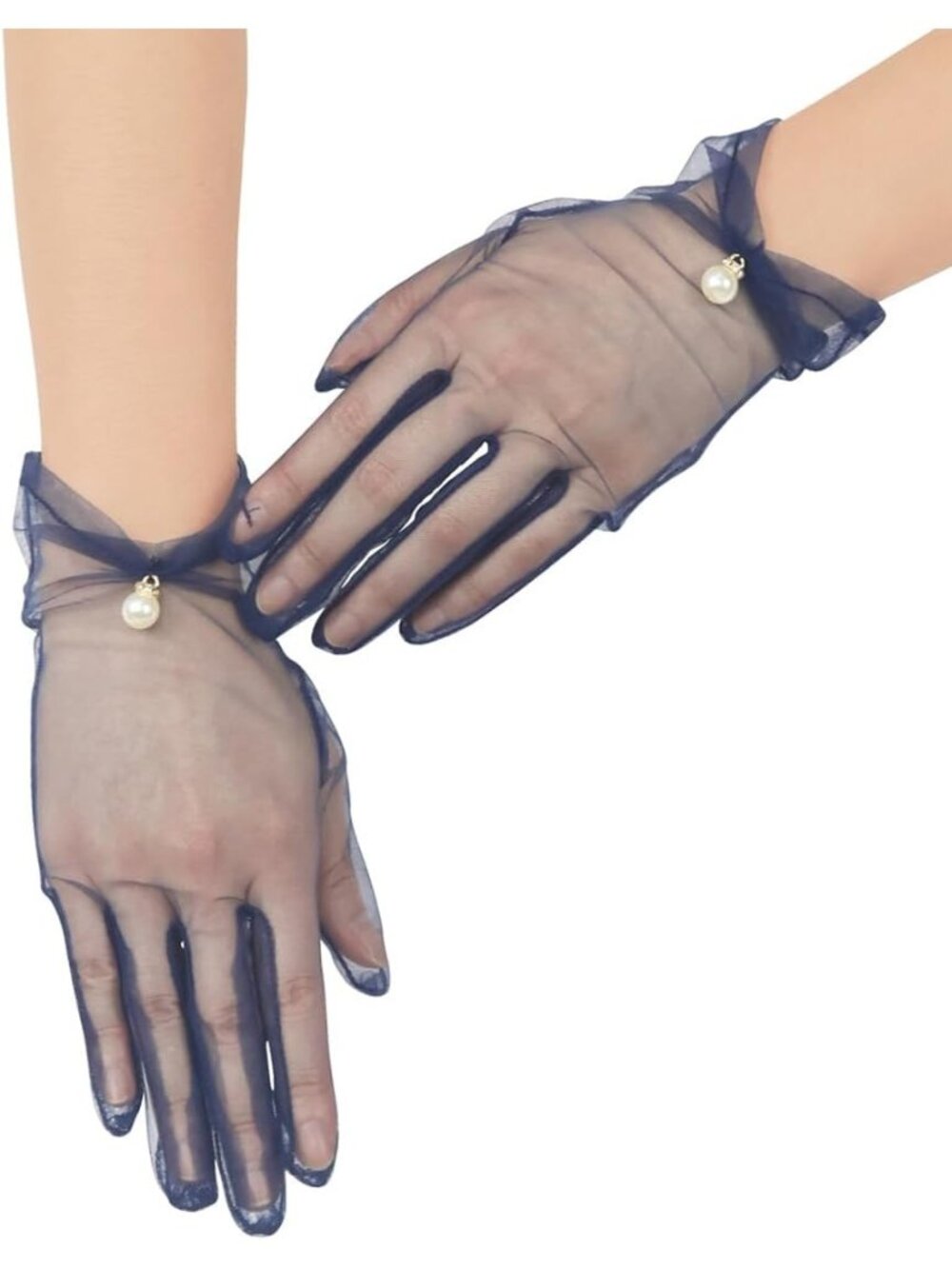 Women's Navy Blue Short Pearl 1920s Formal Bridal Wedding Wrist Tulle Gloves